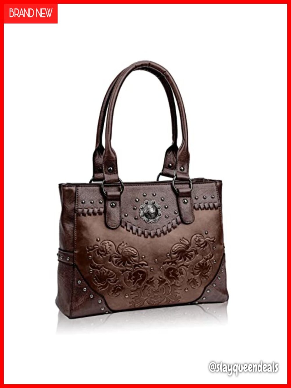 Vintage Embossed Floral PU Leather Tote Bag with Concho Studs